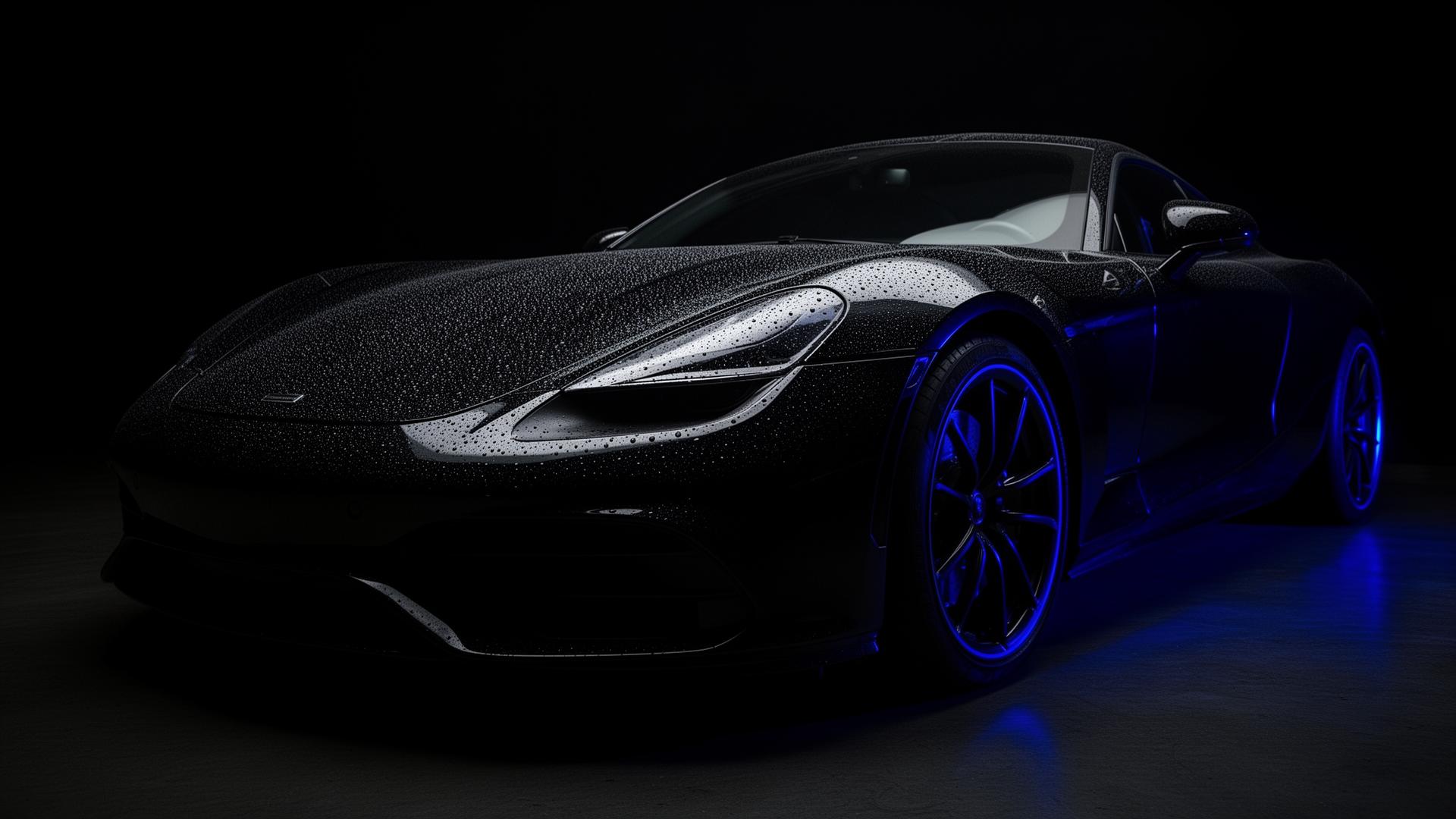 Glossy detailed black sports car with blue rim lighting